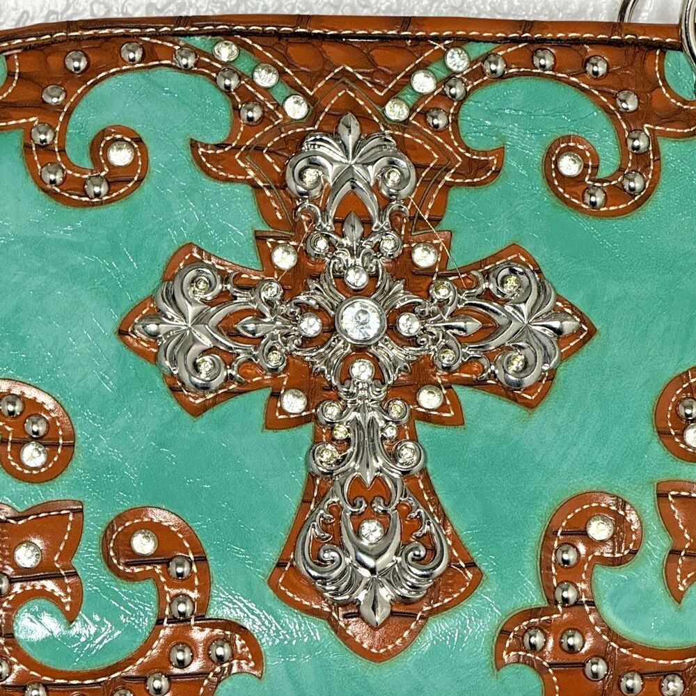 Western Turquoise Rhinestone Cross Handbag Tooled Brown Faux Leather Chain Strap - Picture 3 of 14